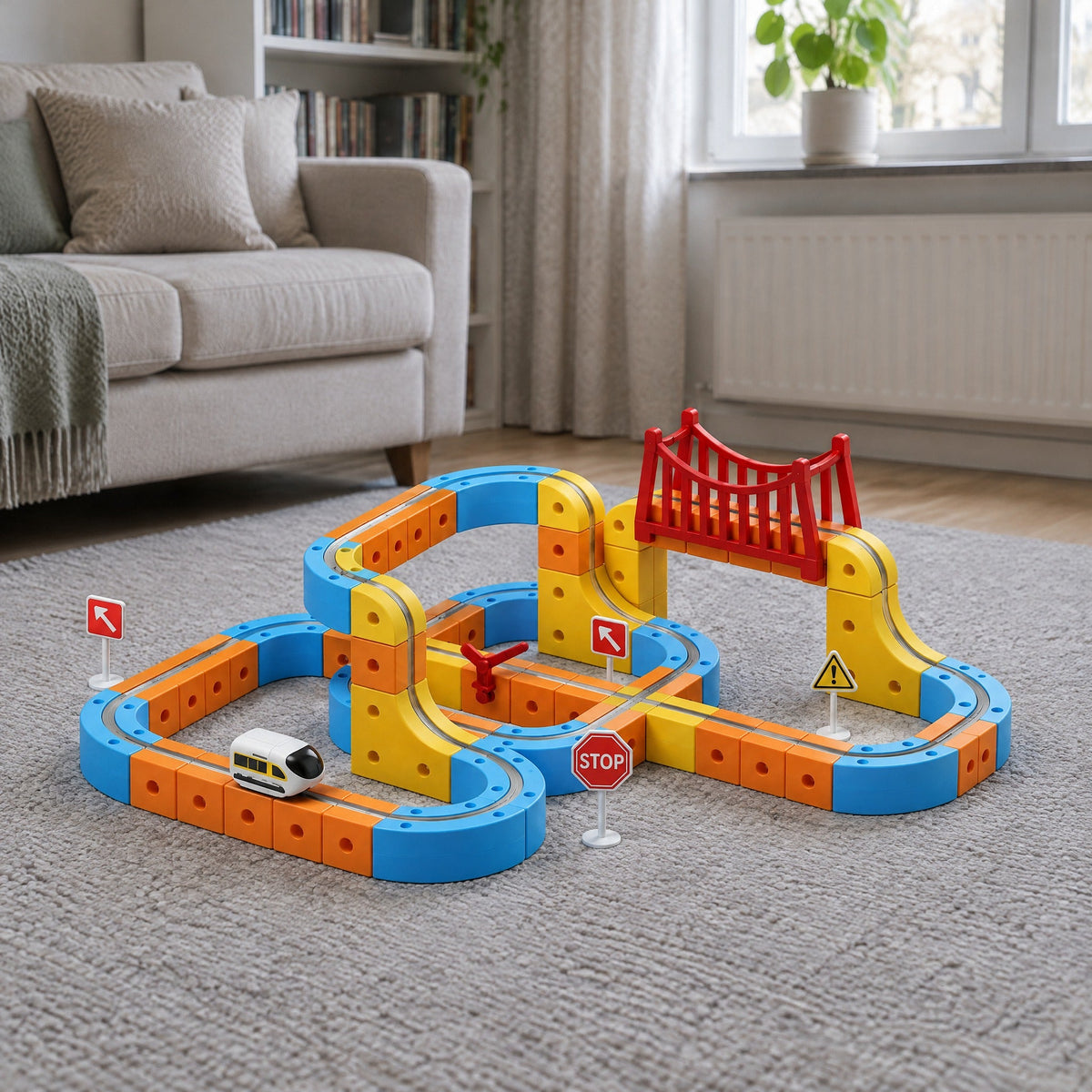 A large magnetic track built on the living-room rug