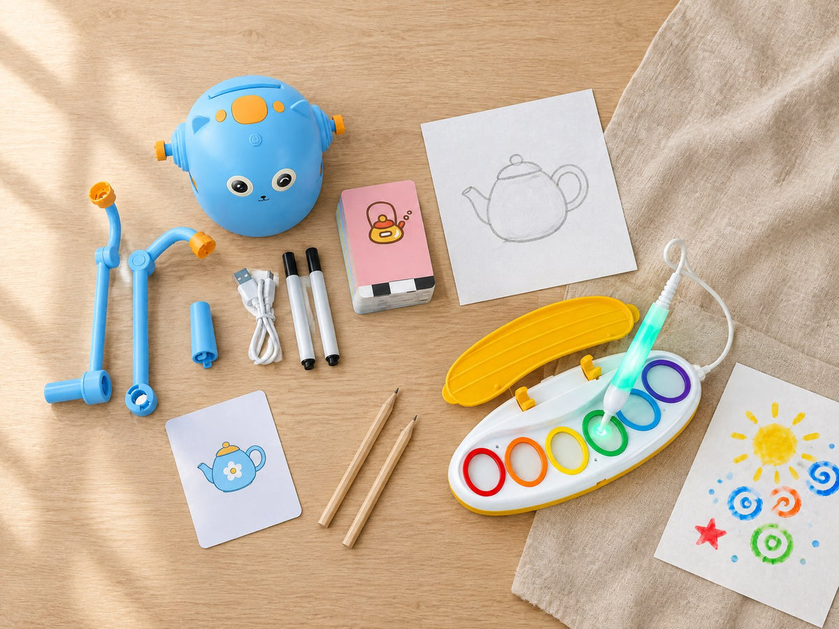 Drawing robot kit with picture cards, markers and a traced teapot drawing