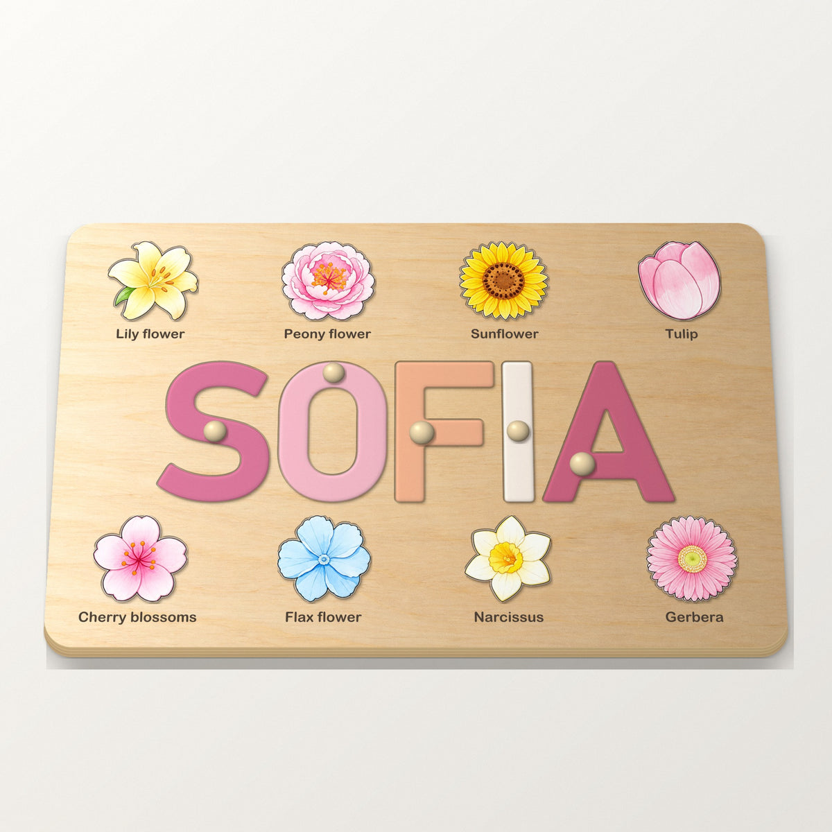 Pink name puzzle with flowers, spelling SOFIA