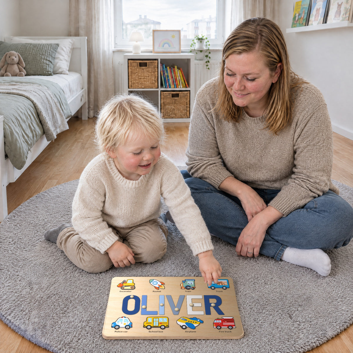 A boy fitting the letters of his name back into the board